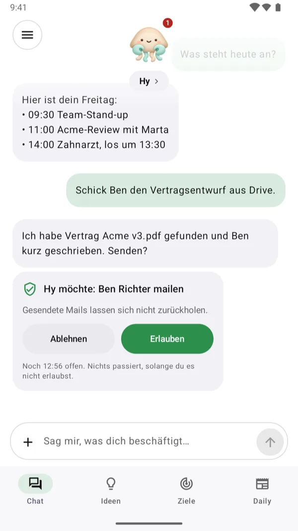 Der Chat mit Hy: der Überblick über den Tag und eine Freigabe-Anfrage.