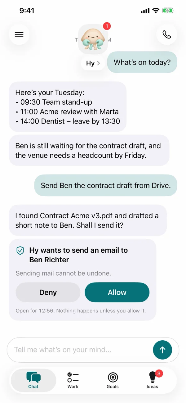 Hy's chat with a briefing of the day and an approval card.