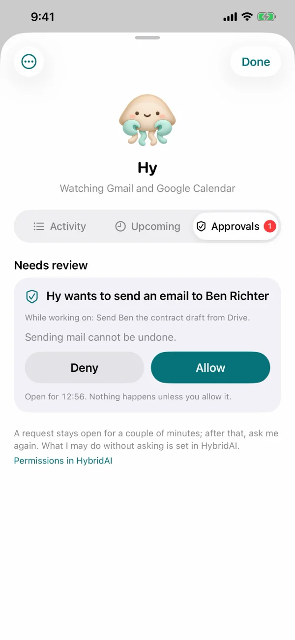 Approvals: Hy asks before sending an email to Ben Richter.