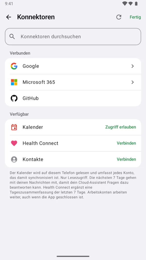 Konnektoren: Google, Microsoft 365, GitHub und Postfächer.
