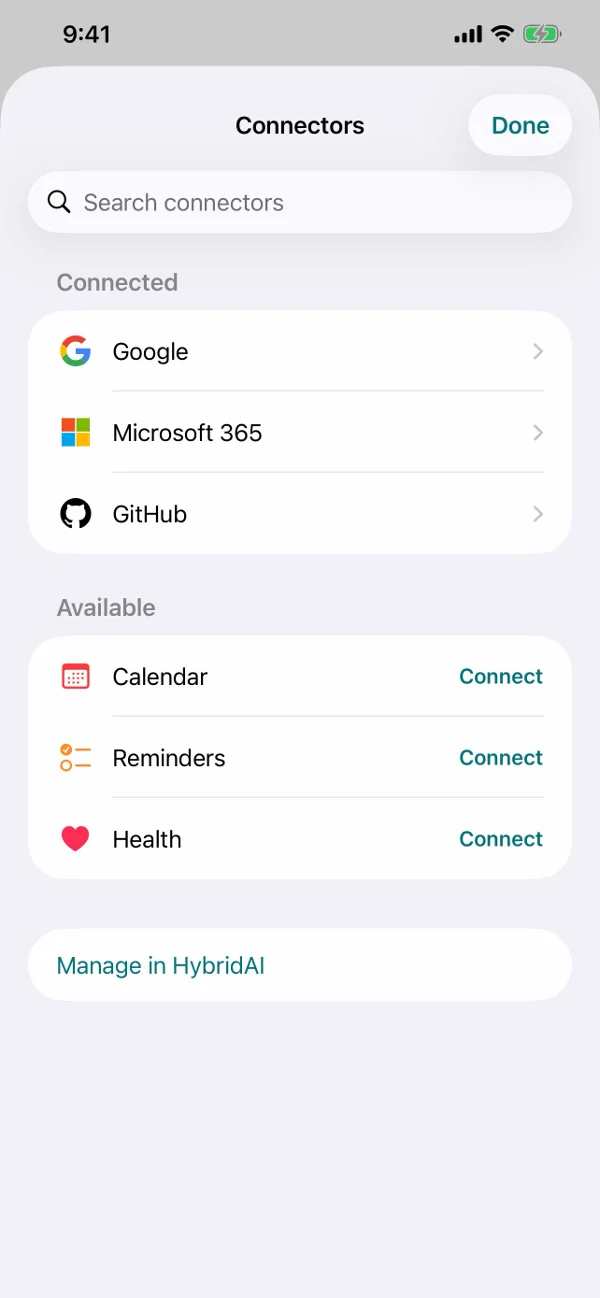 Connectors: Google, Microsoft 365, GitHub and mailboxes.